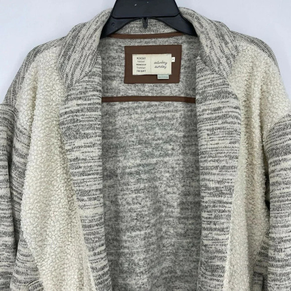 Anthropologie Saturday Sunday Sweater Womens Sz M Gray Knit Sherpa Open Cardigan - Picture 5 of 12